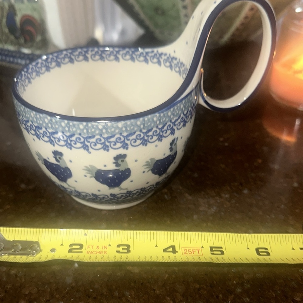 Handled soup mug polish pottery like new with rooster  used one time